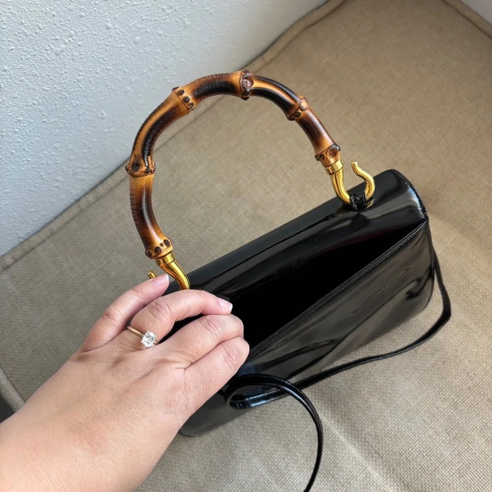 Susan Gail Vintage 1960s Black Patent Leather Bamboo Handle Purse - Picture 2 of 12